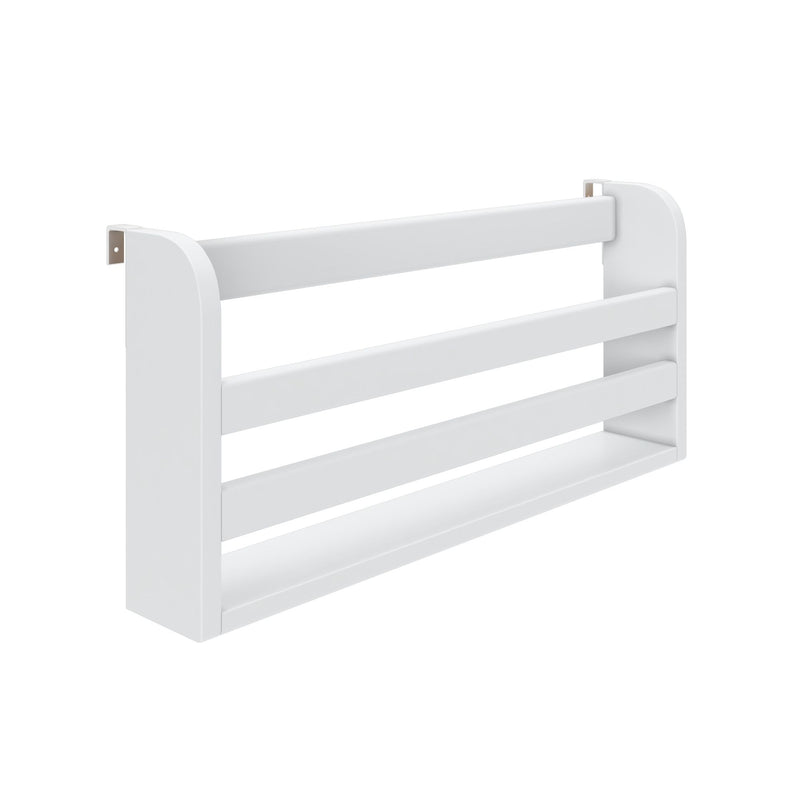 White wall-mounted nursery bookshelf for children's room storage.