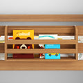 Wooden bunk bed safety rail with built-in children's book storage holding colorful animal and vehicle board books, natural oak finish, kids' bedroom organizer