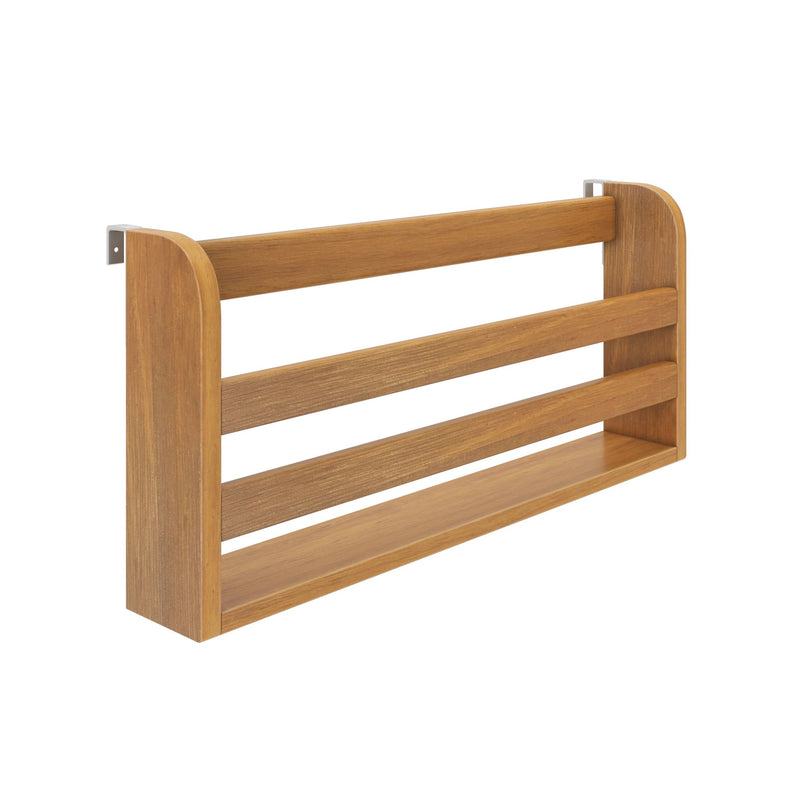 Wall-mounted oak-finish slatted wooden shelf organizer – modern floating kitchen and bathroom storage rack for spices, toiletries, or towels