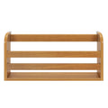 Oak-finish wall-mounted wooden shelf with three horizontal slats and open storage, minimalist three-tier organizer for bathroom or kitchen