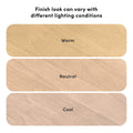 Light wood finish color comparison showing warm, neutral, and cool swatches to illustrate how wood finish appearance varies under different lighting conditions