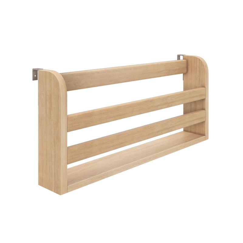 Wall-mounted three-tier wooden spice rack shelf in natural oak finish with metal mounting brackets — narrow kitchen organizer for jars and bottles