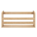 Light natural wood wall-mounted shelf with three horizontal rails and bottom platform, minimalist floating kitchen spice rack and storage organizer