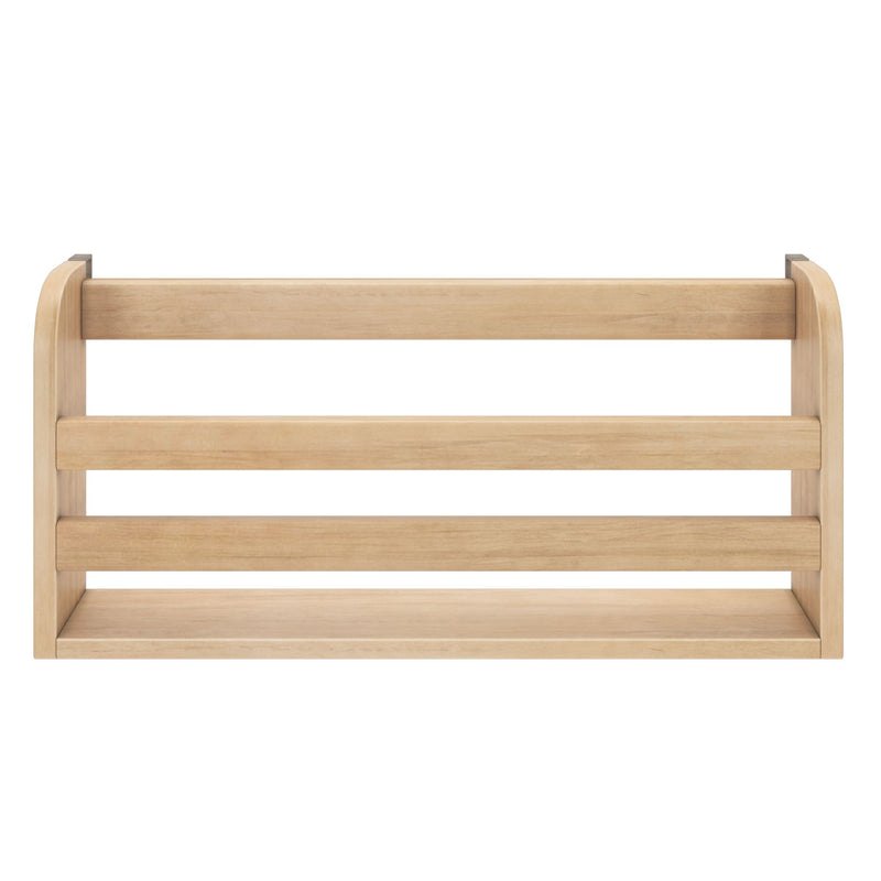 Light natural wood wall-mounted shelf with three horizontal rails and bottom platform, minimalist floating kitchen spice rack and storage organizer