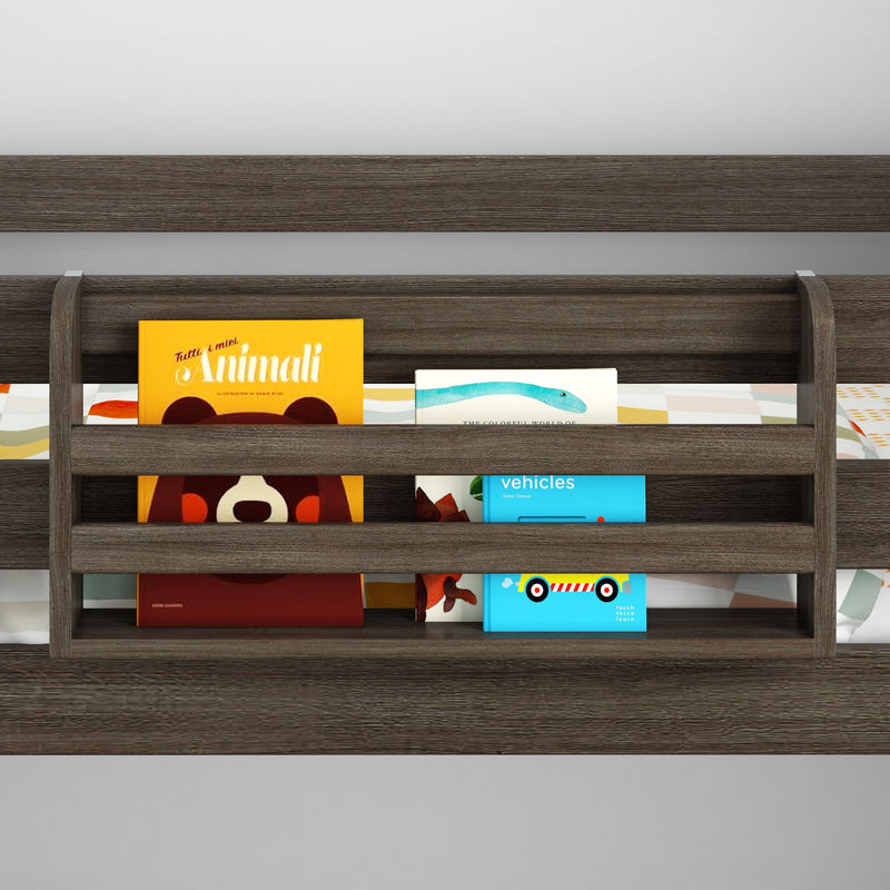 Bunk bed bookshelf with dark wood built-in book rail holding colorful children's board books (animals, vehicles) — kids bedroom storage organizer