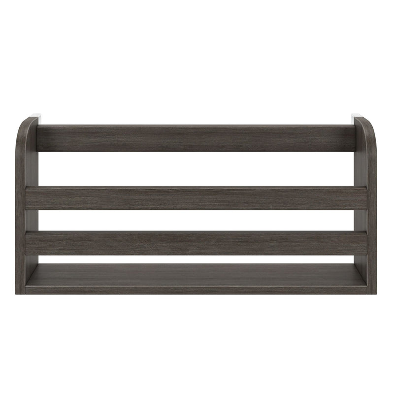 Charcoal gray wall-mounted wooden shelf rack with three horizontal slats and bottom shelf for kitchen or bathroom storage