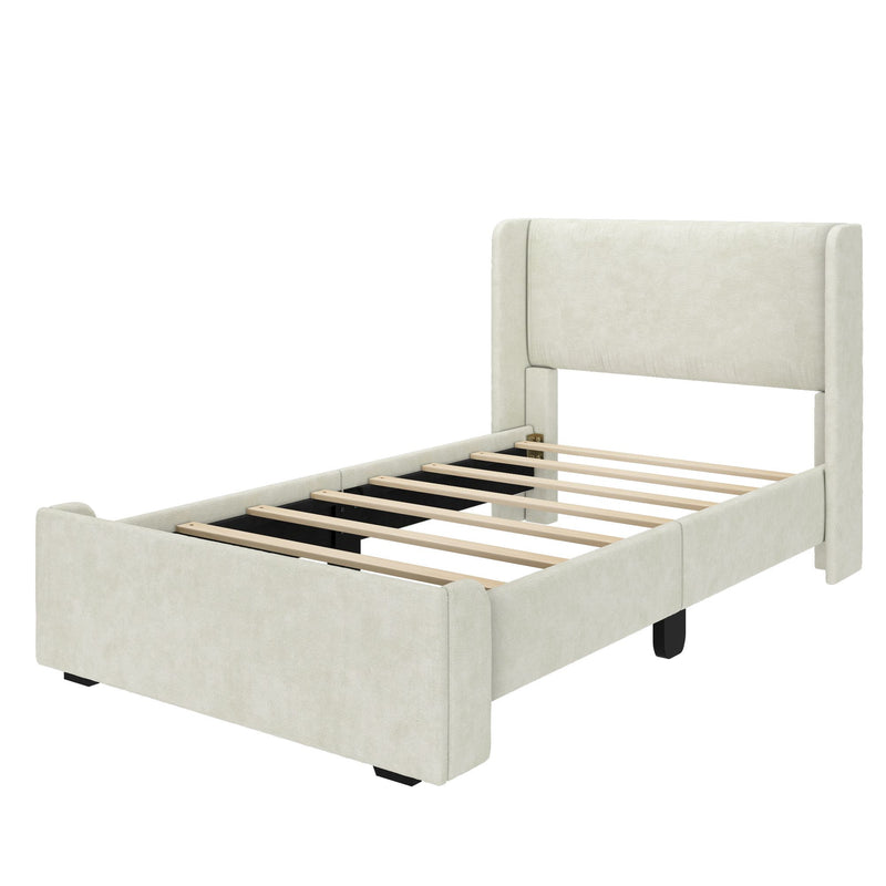 Modern beige upholstered bed frame with wooden slats and headboard.