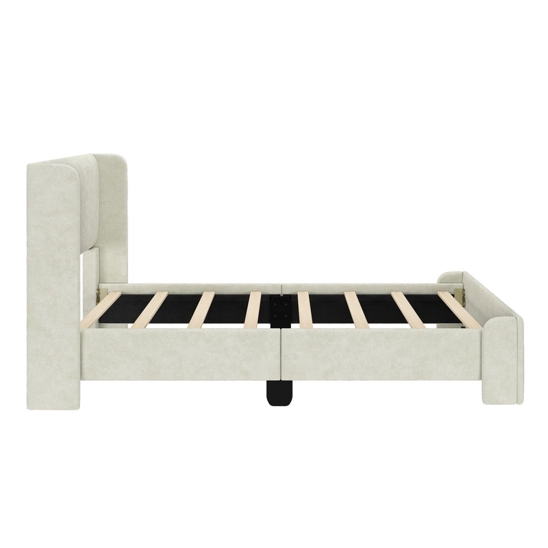 Upholstered king-size bed frame with wooden slats and headboard in light fabric.