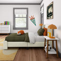 Modern children's bedroom with olive-green striped bedding, sleeping fox plush toy, orange bedside lamp, soccer ball, white dresser with colorful books, "Oliver" pennant and framed wall art