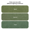 Color variations of green fabric under different lighting: warm, neutral, cool.