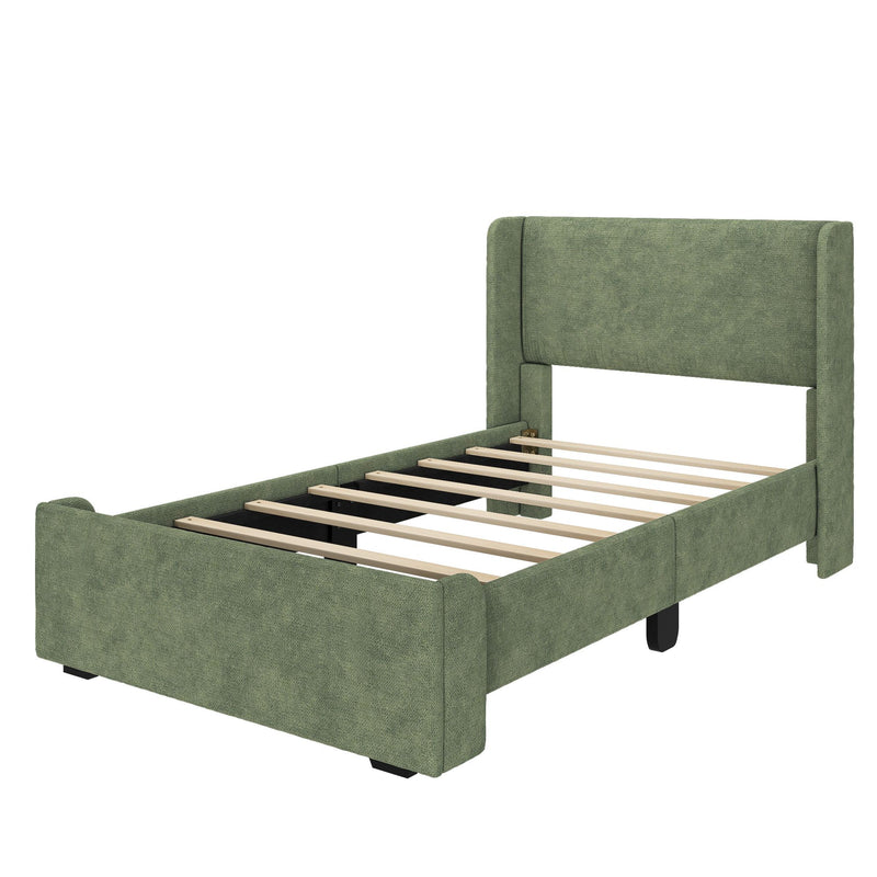 Green upholstered platform bed frame with wooden slats and modern headboard design.