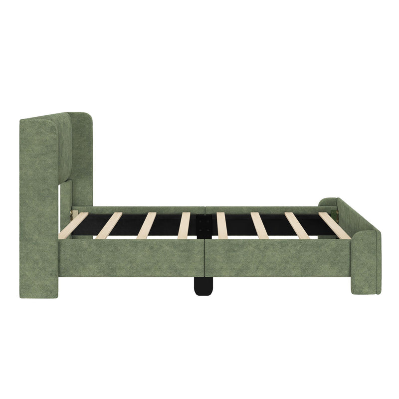 Green upholstered bed frame with wooden slats, modern minimalist design.