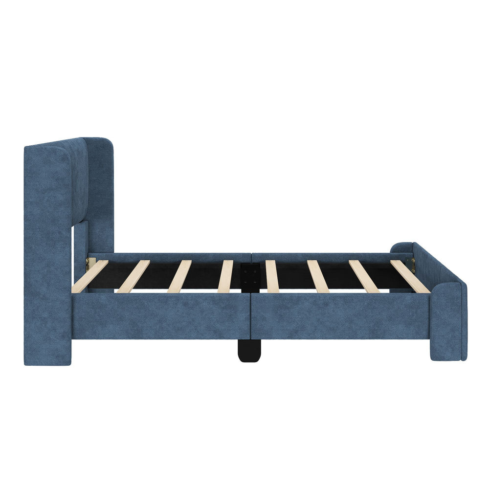 Blue upholstered bed frame with wooden slats, modern bedroom furniture.