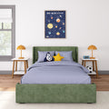 Children's space-themed bedroom with green upholstered bed, blue bedding, rocket and star pillows, framed solar system poster wall art above bed, orange bedside lamps on wooden nightstands