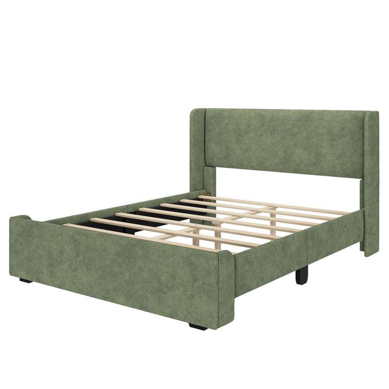 Green upholstered platform bed frame with wooden slats and headboard.