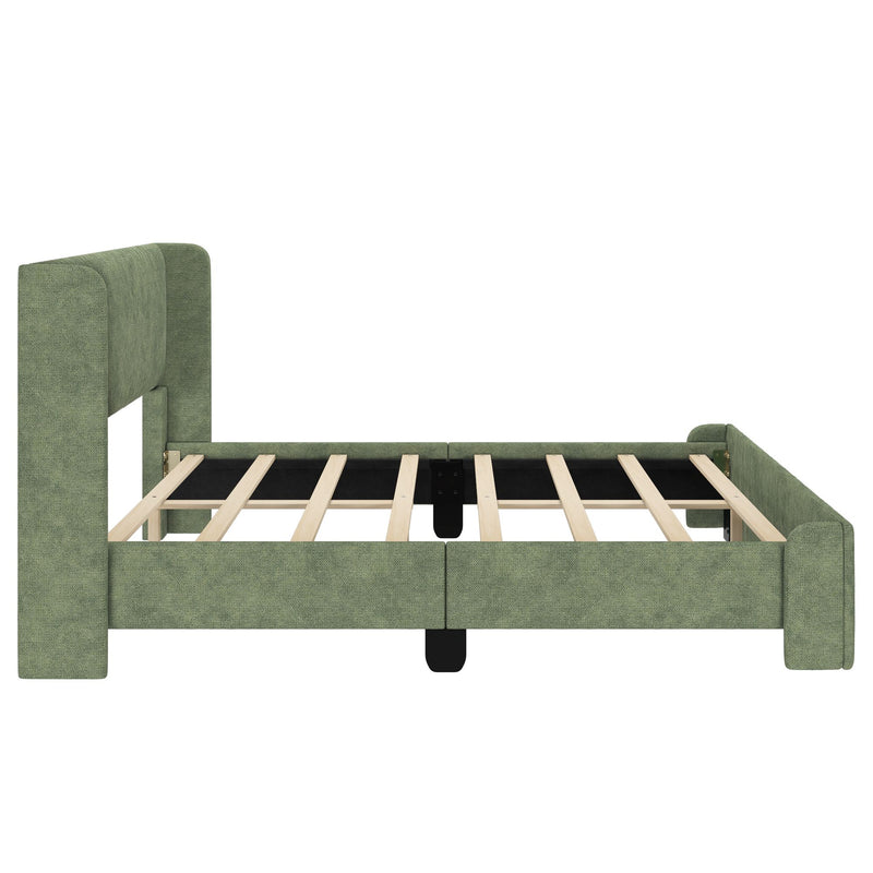 Green upholstered platform bed frame with rounded headboard and footboard, exposed wooden slats and center support, modern bedroom furniture