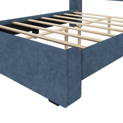 Blue upholstered bed frame with wooden slats, modern bedroom furniture.