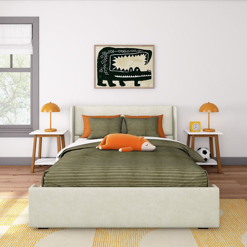 Modern kids bedroom with green and orange decor, featuring a striped bedding set, playful stuffed toy, and colorful lamps.