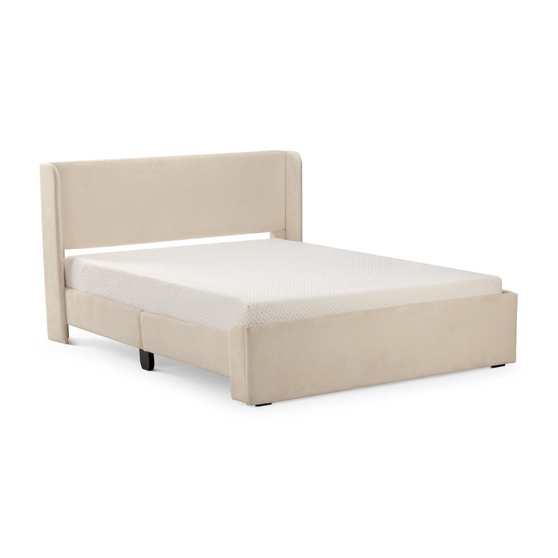 Luxurious beige upholstered bed frame with mattress in modern bedroom setup.