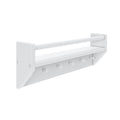 White wall-mounted shelf with hanging pegs and a top rail for storage and organization.
