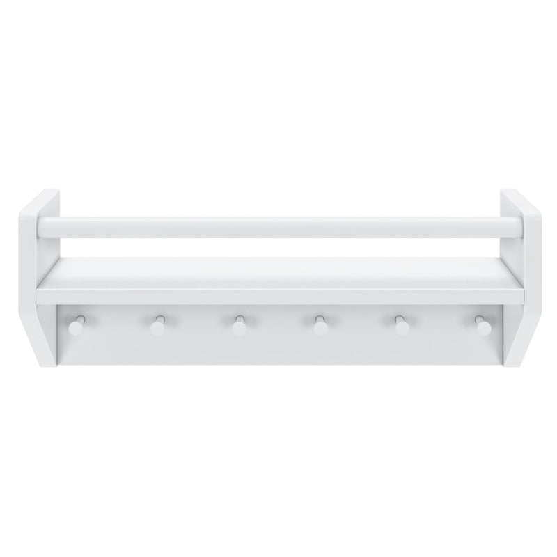 White wall-mounted shelf with five hooks and rail, ideal for organizing home spaces.