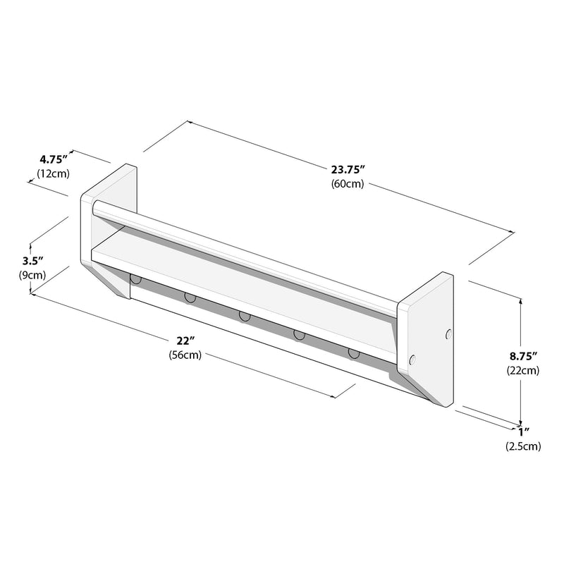 Wall-mounted rack with dimensions 23.75 inches wide, 8.75 inches high, and 3.5 inches deep, featuring a light design for versatile home storage solutions.