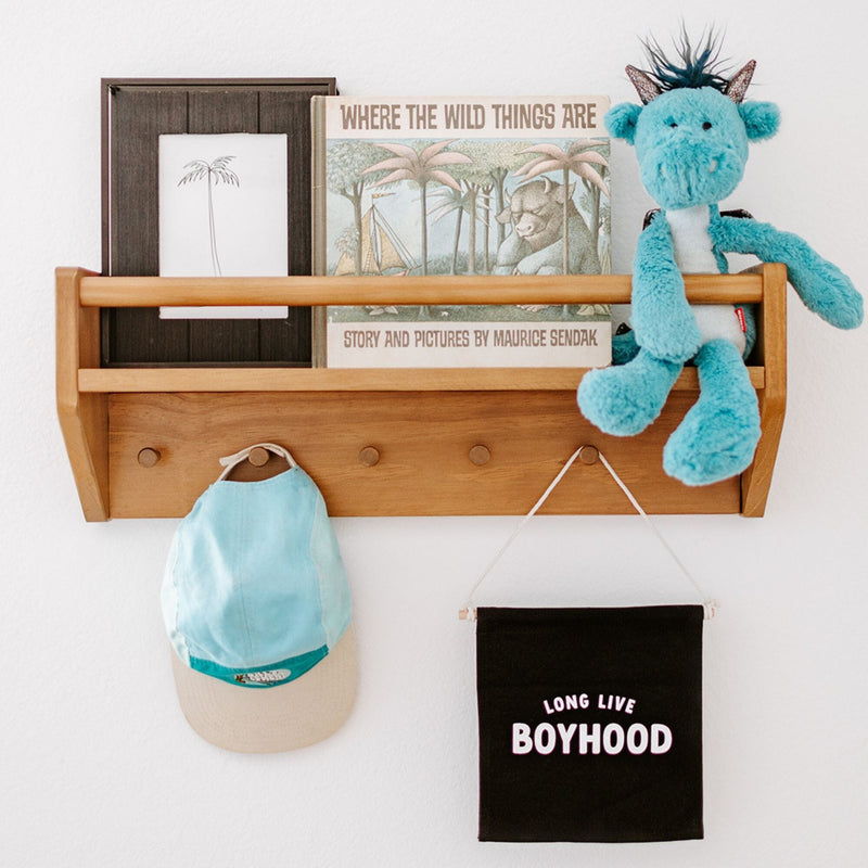 Nursery wall shelf decor with "Where the Wild Things Are" children's book, framed art, blue plush dragon toy, hanging baseball cap and "Long Live Boyhood" banner.