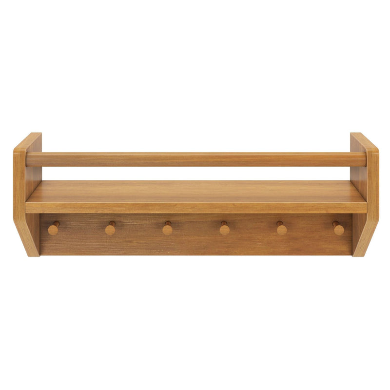 Wooden wall shelf with hanging pegs for home decor and organization.