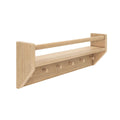 Wooden wall-mounted shelf with pegs for storage and organization.