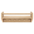 Wooden wall-mounted shelf with five pegs for hanging items, ideal for organizing home spaces.