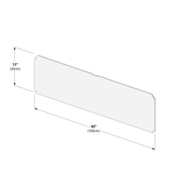Illustration of a 40-inch by 12-inch glass sneeze guard with precise dimensions for restaurant counter protection.