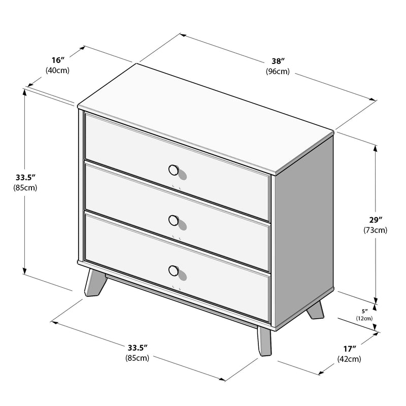 Three-drawer dresser with mid-century angled legs and round knobs, technical line drawing showing dimensions 38" W x 16" D x 33.5" H (96 x 40 x 85 cm)