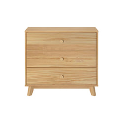 Wooden three-drawer dresser with minimalist design, ideal for bedroom storage solutions.