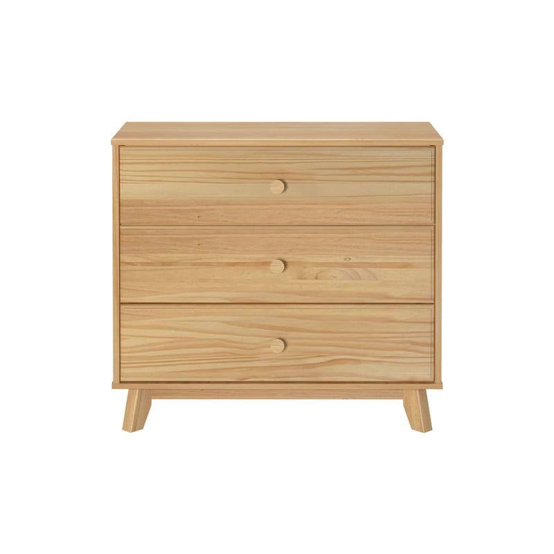 Wooden three-drawer dresser with minimalist design, ideal for bedroom storage solutions.
