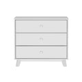 White mid-century modern three-drawer dresser with round knobs and angled legs, minimalist bedroom storage chest