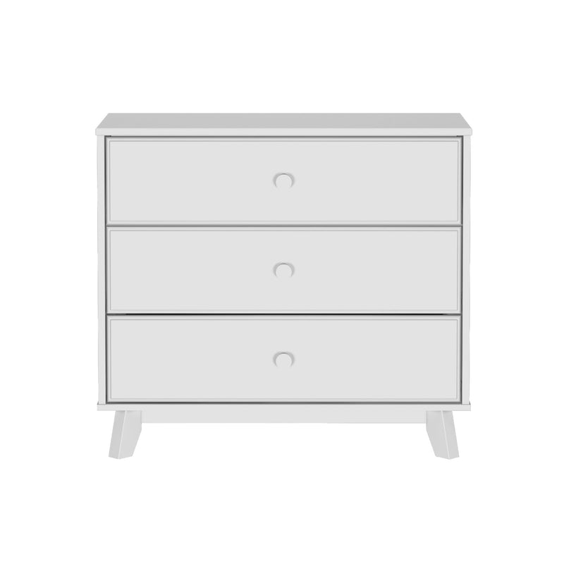 White mid-century modern three-drawer dresser with round knobs and angled legs, minimalist bedroom storage chest