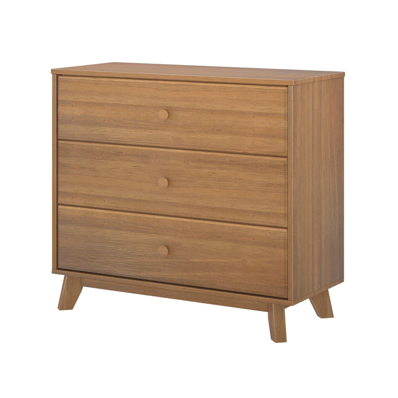 Mid-century modern wooden three-drawer dresser chest in warm walnut finish with round knobs and angled tapered legs
