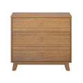 Mid-century modern three-drawer wooden dresser chest in oak finish with angled legs and round recessed pulls
