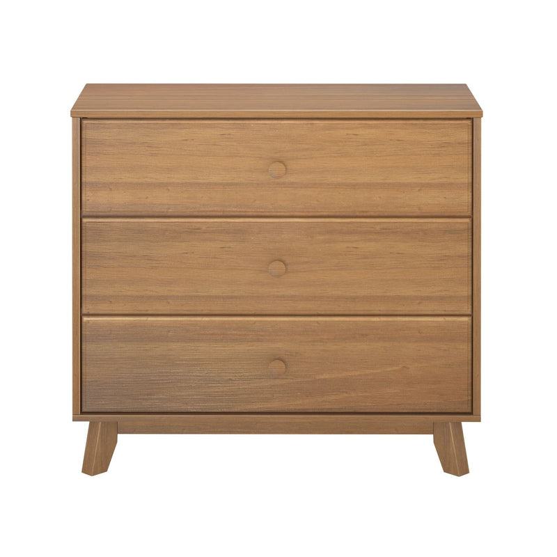 Mid-century modern three-drawer wooden dresser chest in oak finish with angled legs and round recessed pulls