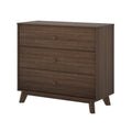 Mid-century modern three-drawer dark walnut wooden dresser with round knobs and angled legs, bedroom storage chest