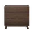Dark brown mid-century modern 3-drawer dresser chest of drawers with angled legs, compact bedroom storage in walnut finish