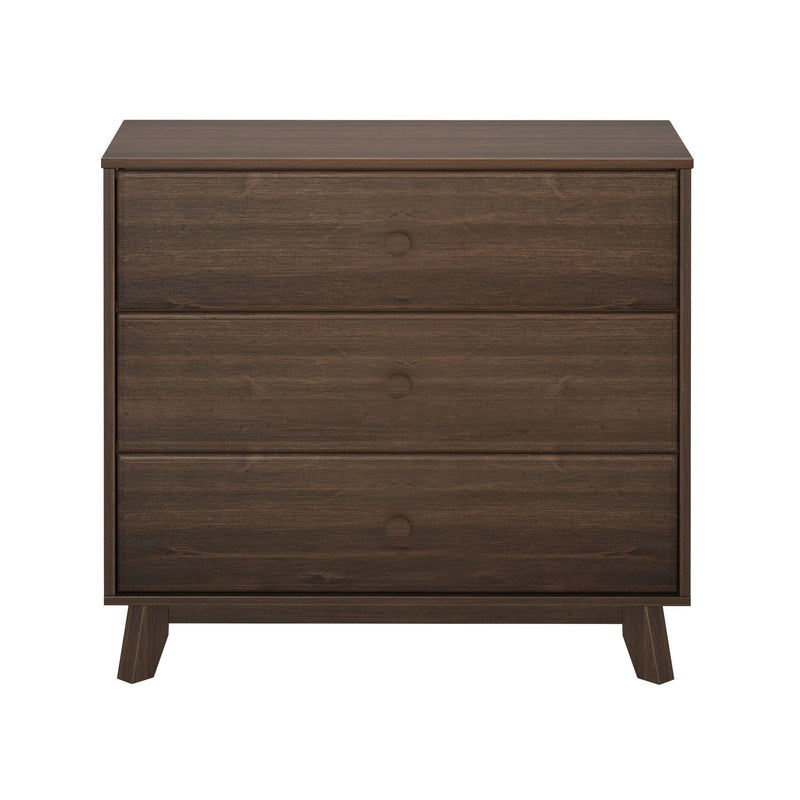 Dark brown mid-century modern 3-drawer dresser chest of drawers with angled legs, compact bedroom storage in walnut finish