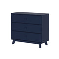 Navy blue three-drawer dresser with round knobs and tapered mid-century modern legs, compact bedroom storage chest with matte finish