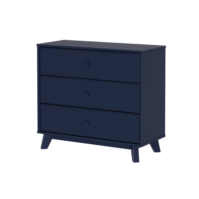 Navy blue three-drawer dresser with round knobs and tapered mid-century modern legs, compact bedroom storage chest with matte finish