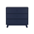 Navy blue three-drawer wood dresser with round knobs and angled legs — mid-century modern bedroom storage chest