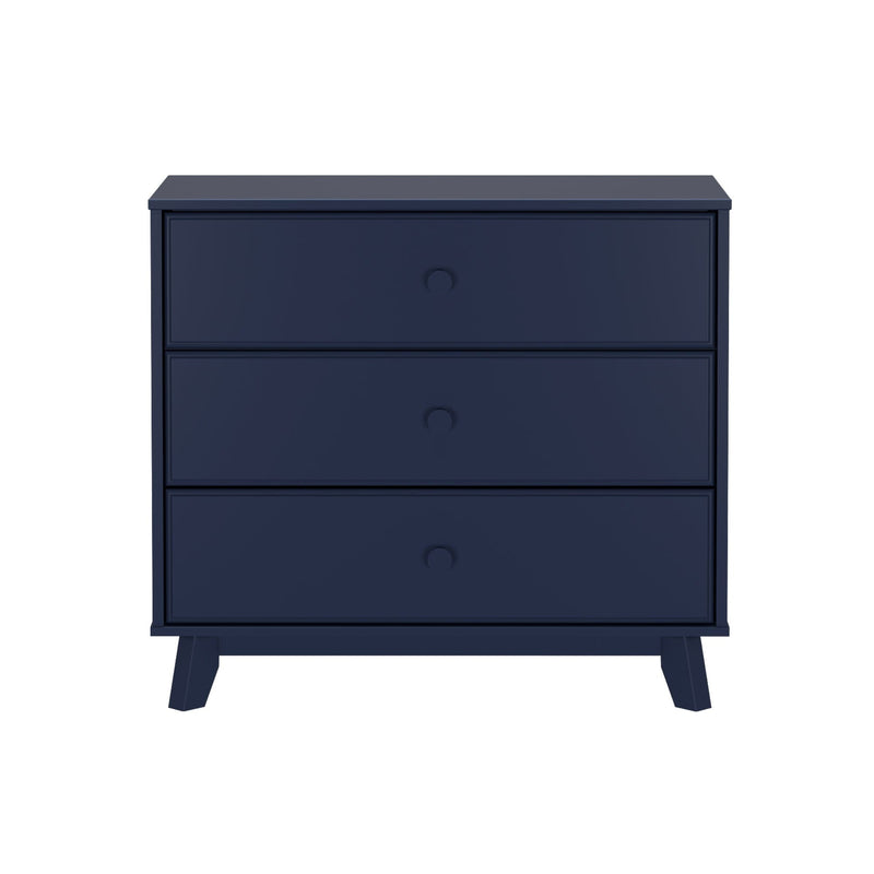 Navy blue three-drawer wood dresser with round knobs and angled legs — mid-century modern bedroom storage chest