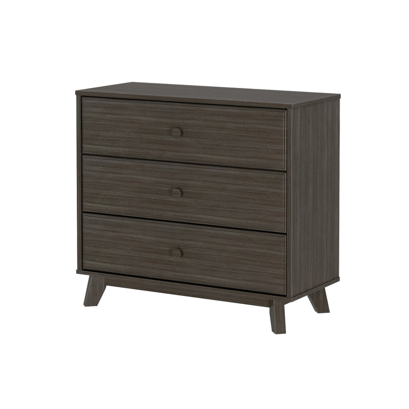 Mid-century modern three-drawer dark gray wood dresser with tapered legs — compact bedroom storage chest