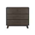 Mid-century modern three-drawer dark gray wood dresser with angled legs and recessed round pulls — compact bedroom storage chest of drawers