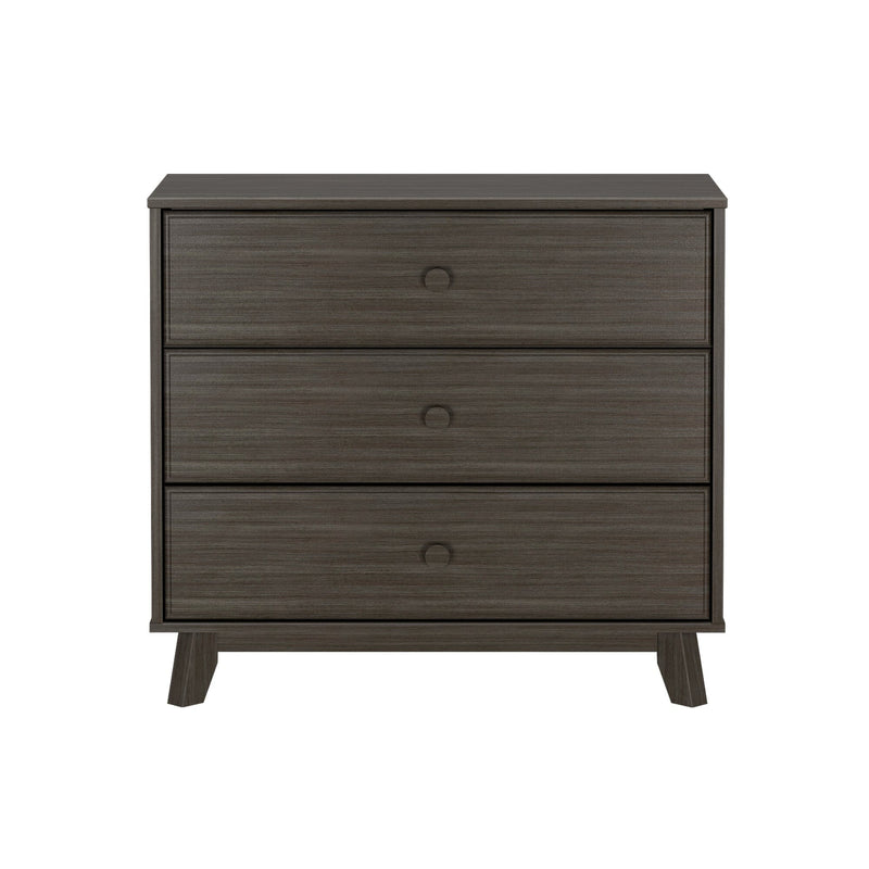 Mid-century modern three-drawer dark gray wood dresser with angled legs and recessed round pulls — compact bedroom storage chest of drawers