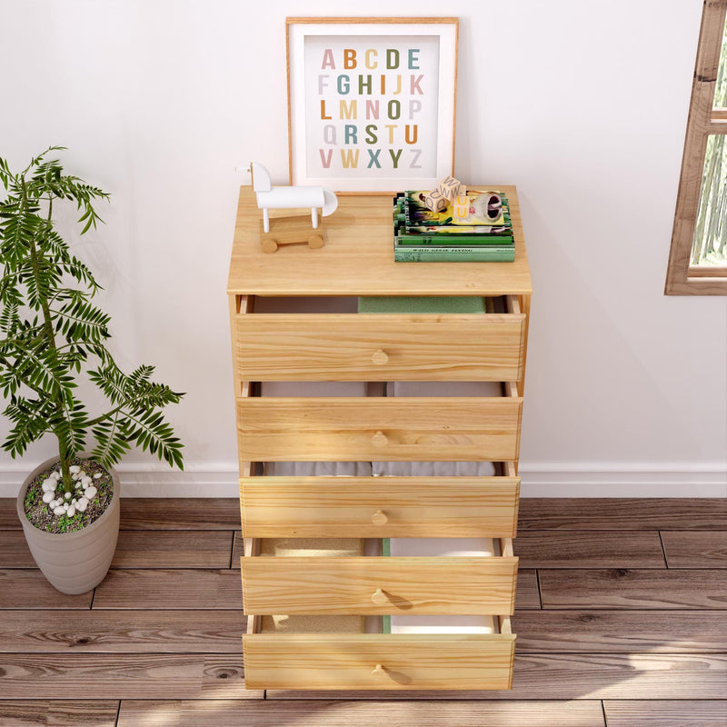 Natural pine five-drawer wooden dresser in a children's room with alphabet wall art, toy horse, stacked books, potted plant and hardwood floor — kids bedroom storage and nursery decor.